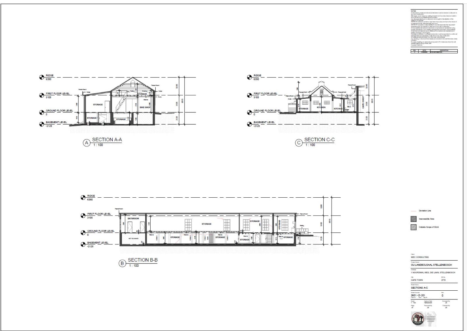 Measured cross-sections of the Ou Landbousaal cut from the registered scan.