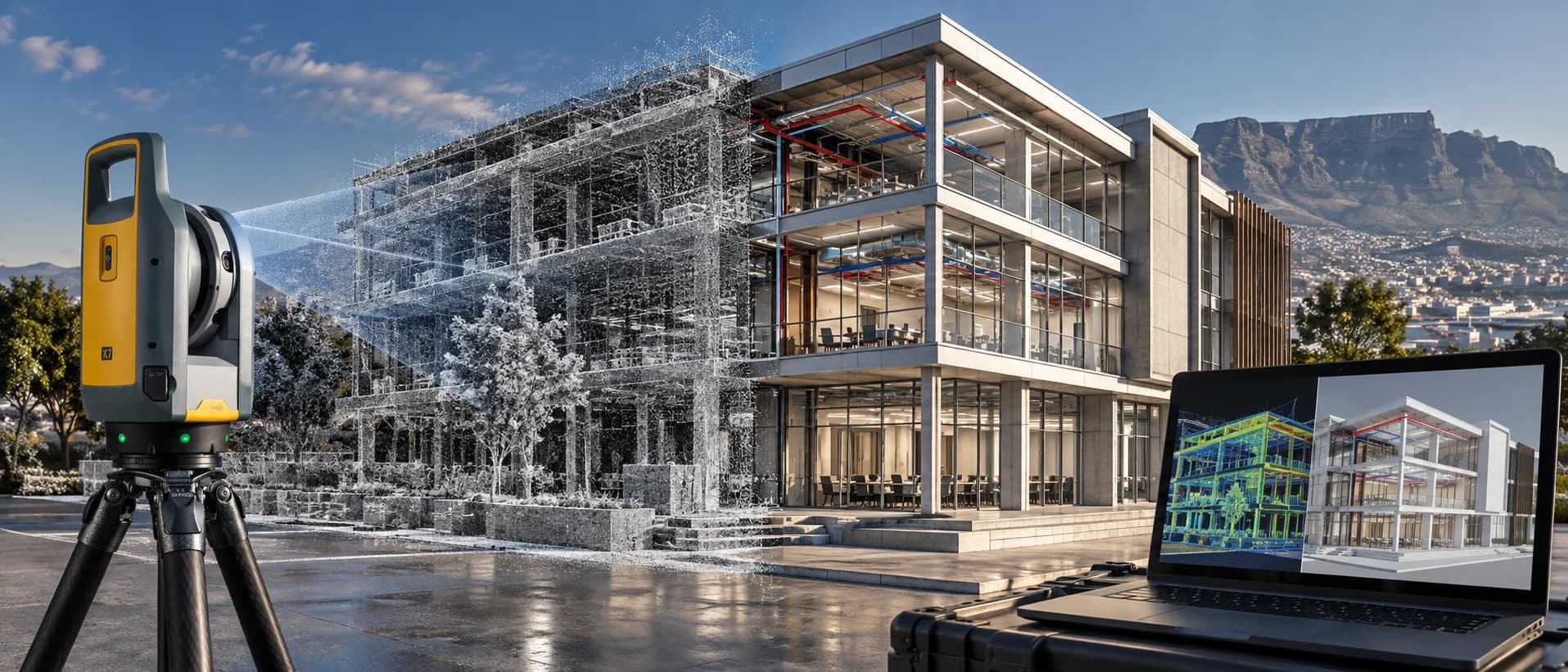A Trimble X7 laser scanner on site, with a building shown half as a point cloud and half as the finished structure, and the BIM model open on a laptop.